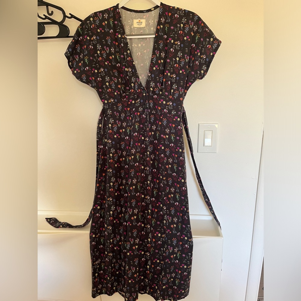 Black midi tea dress with multi color floral pattern by Marine Layer in XS